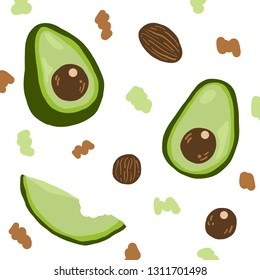 Colorful pattern with fresh green avocado and seeds, cute vegetable and fruits background set with simple design for summer. Vector Illustration.