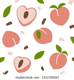 Colorful pattern with fresh pink peach and leaves, cute sweet fruits background set with simple design for summer. Vector Illustration.