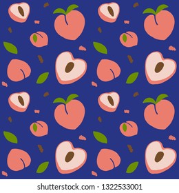 Colorful pattern with fresh pink peach and leaves, cute sweet fruits background set with simple design for summer. Vector Illustration.
