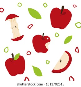 Colorful pattern with fresh red apple, sliced piece and leaves, cute tropical fruits background set with simple design for summer. Vector Illustration.