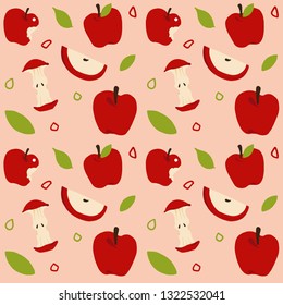 Colorful pattern with fresh red apple, sliced piece and leaves, cute tropical fruits background set with simple design for summer. Vector Illustration.