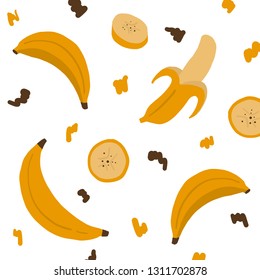 Colorful pattern with fresh yellow banana and sliced pieces, cute tropical fruits background set with simple design for summer. Vector Illustration.