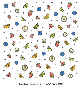 Colorful pattern with fruits. Set of line flat fruit icons.