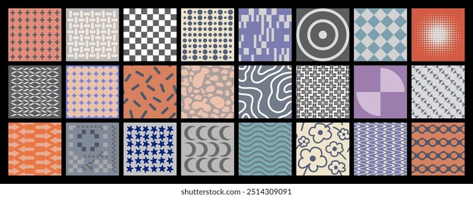 Patrón colorido. Fondos geométricos repetitivos simples abstractos divertidos, Formas creativas sin fisuras. En estilo de brutalismo, conjunto de Vectores