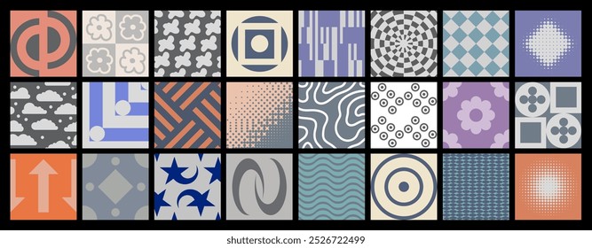 Colorful pattern. Funny abstract simple repeating geometric backgrounds, seamless creative shapes. In brutalism style, vector set