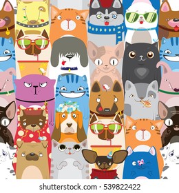 colorful pattern with funny cats and dogs