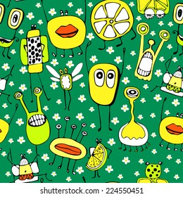 colorful pattern with funny icons. The template can be used for packaging, printing on cups, bags, wallpaper, textiles.