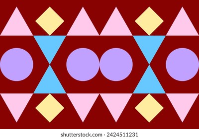 Colorful pattern geometric shapes red background vector. Circles Triangles Squares on rectangle abstract. Attachment makes continuous design.