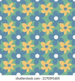 Farbiges Muster im geometrischen Stil mit duftenden Blumen. 70er, 80er, 90er Jahre spiegeln floralen Hintergrund wider. Retro-psychedelischer Hintergrund mit blühenden Blumen