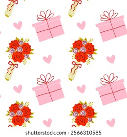 Colorful pattern with gifts, flowers, and hearts for festive celebrations