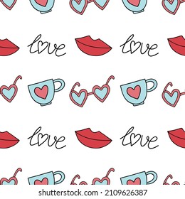 Colorful pattern with glasses, lips, tea cup and lettering for valentine's day