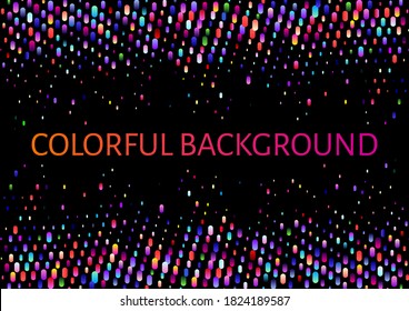 Colorful pattern with glowing circular dots. Vertical rainbow lines on black background. Multi colored texture useful for holiday backdrop (night disco party)