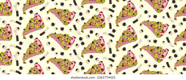 Colorful pattern for Halloween in retro cartoon style. Vector illustration of pizza in psychedelic style. Modern background.