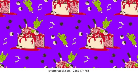 Colorful pattern for Halloween. Sweets for zombies with brains and blood in retro cartoon style. Vector holiday background in flat style.