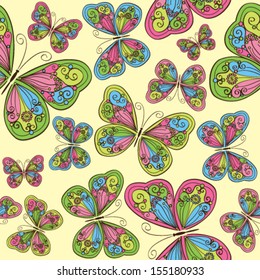 Colorful pattern with hand drawing butterflies. Seamless motley textures in bright pink, green, blue, beige. Vector illustration.
