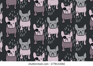 Colorful pattern with hand drawn bull dog puppy. Vector background illustration with purple, pink  colors