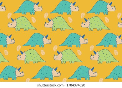 Colorful pattern with hand drawn dinosaur. Vector background illustration with yellow, blue colors