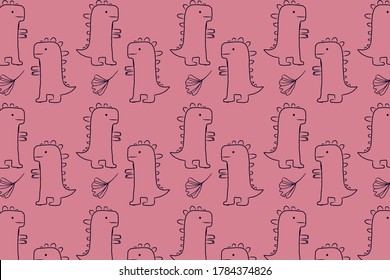 Colorful pattern with hand drawn dinosaur. Vector background illustration with pink colors