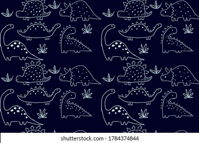 Colorful pattern with hand drawn dinosaur. Vector background illustration with dark blue, white colors