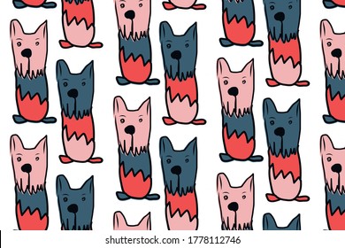 Colorful pattern with hand drawn dogs. Vector background illustration with blue, pink colors