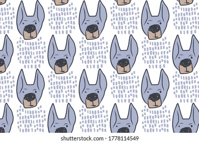 Patrón colorido con perros dibujados a mano. Ilustración de fondo del vector con colores azules