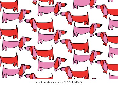 Colorful pattern with hand drawn dogs. Vector background illustration with pink, red colors