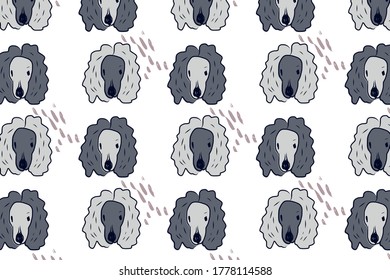 Colorful pattern with hand drawn dogs. Vector background illustration with blue, grey colors