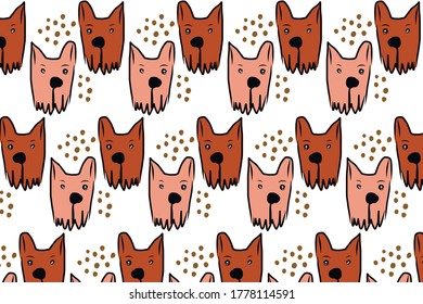 Colorful pattern with hand drawn dogs. Vector background illustration with orange, salmon colors