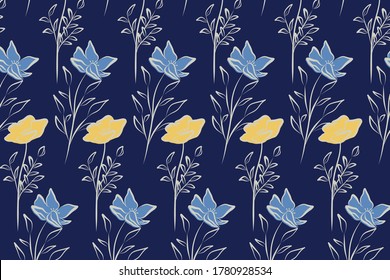 Colorful pattern with hand drawn flowers. Vector background illustration with blue, yellow color