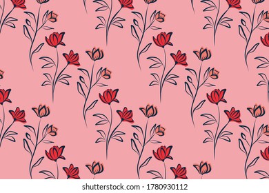 Colorful pattern with hand drawn flowers. Vector background illustration with red, pink color