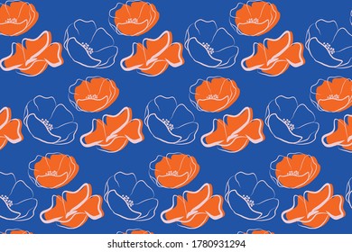 Colorful pattern with hand drawn flowers. Vector background illustration with blue, orange color