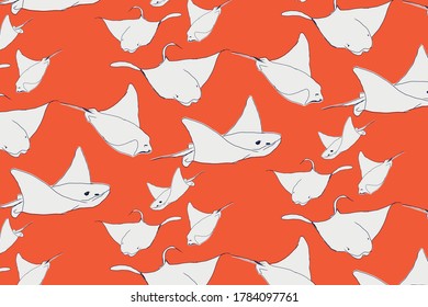 Colorful pattern with hand drawn manta ray. Vector background illustration with orange, white colors