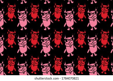 Colorful pattern with hand drawn monsters. Vector background illustration with pink, red, black colors
