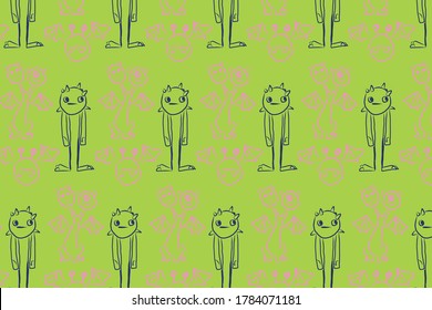 Colorful pattern with hand drawn monsters. Vector background illustration with green colors