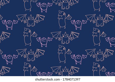 Colorful pattern with hand drawn monsters. Vector background illustration with dark blue colors