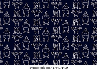 Patrón colorido con monstruos dibujados a mano. Ilustración de fondo del vector con colores azul oscuro