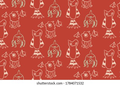 Colorful pattern with hand drawn monsters. Vector background illustration with brick red colors