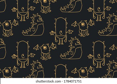 Colorful pattern with hand drawn monsters. Vector background illustration with dark grey, green colors