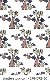 Colorful pattern with hand drawn monsters. Vector background illustration with soft pastel colors