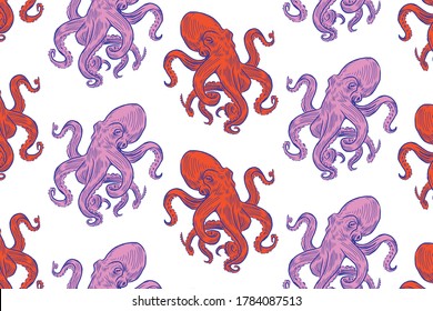 Colorful pattern with hand drawn octopus. Vector background illustration with purple, pink colors