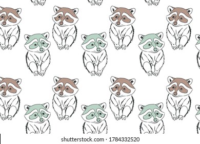 Patrón colorido con racoon dibujado a mano. Ilustración del fondo del vector con colores de menta, marrón y blanco