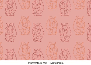 Colorful pattern with hand drawn rhinoceros. Vector background illustration with rose, red, orange colors