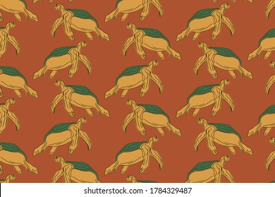 Colorful pattern with hand drawn turtles. Vector background illustration with green, yellow, orange colors