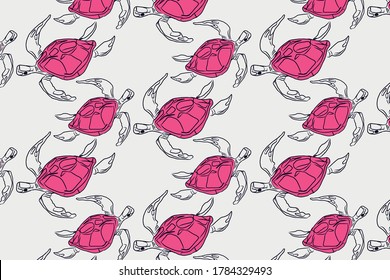 Patrón colorido con tortugas dibujadas a mano. Ilustración de fondo del vector con colores rosa y blanco