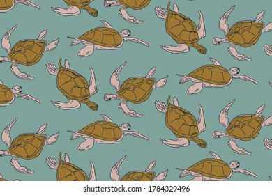 Colorful pattern with hand drawn turtles. Vector background illustration with turquoise, green colors