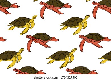 Colorful pattern with hand drawn turtles. Vector background illustration with coral, yellow, khaki colors