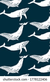 Colorful pattern with hand drawn whales. Vector background illustration with blue colors