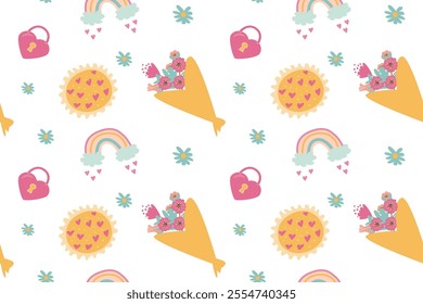 Colorful pattern with hearts, flowers, rainbows, and suns.