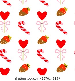 Colorful pattern with hearts, strawberries, and candy canes on a white background