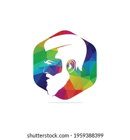 colorful pattern hexagon shape Man beard hipster barbershop vector emblem. Bearded man's face, hipster character.